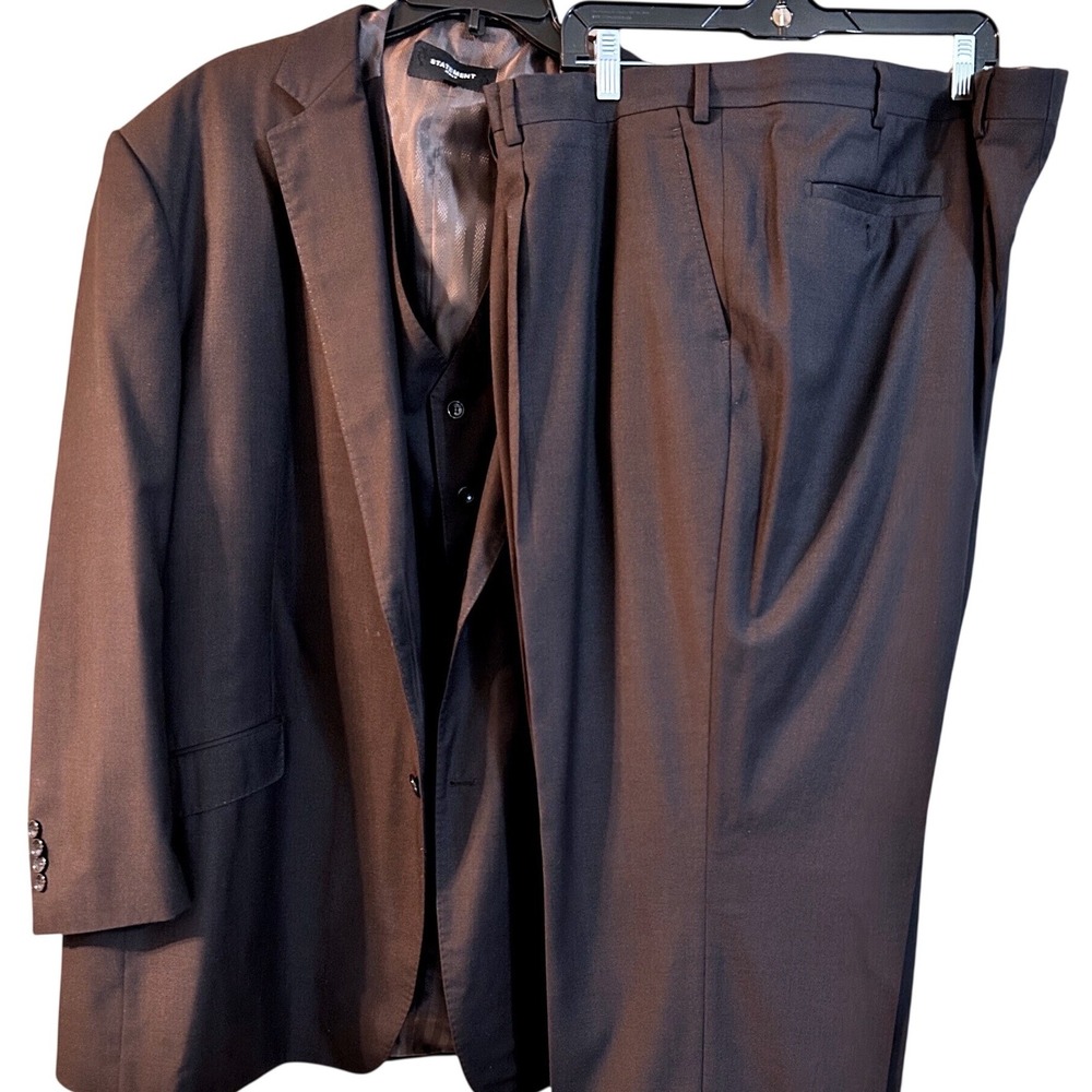 Statement Italy 3 Piece Suit Mens 49L Brown Long Jacket Vest Pants Classic